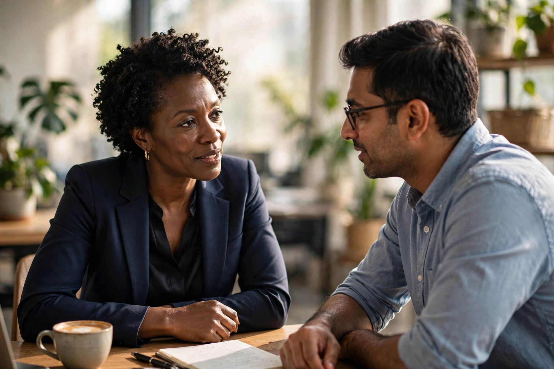 A coach listening closely while a client speaks in a sunlit office