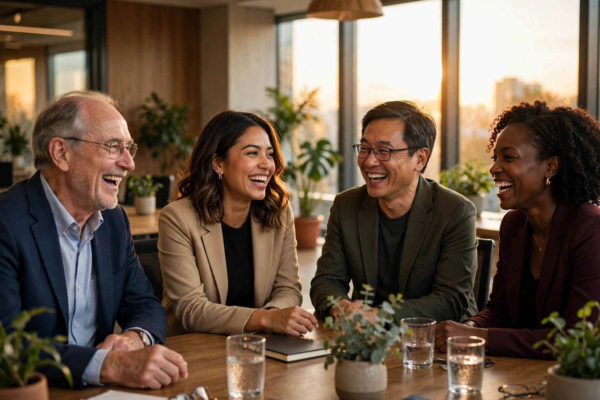 Four executives sharing a genuine laugh around a table in warm window light