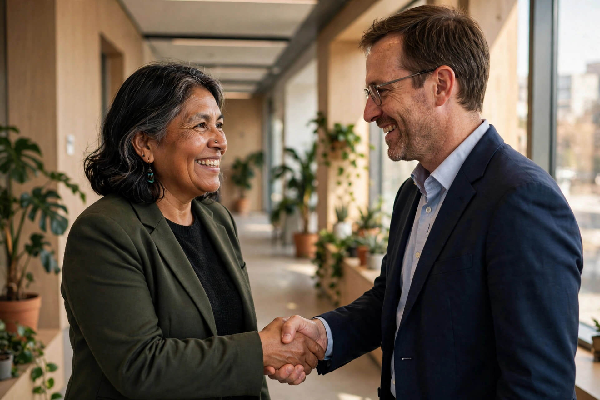 Two professionals greeting each other warmly in a bright office hallway