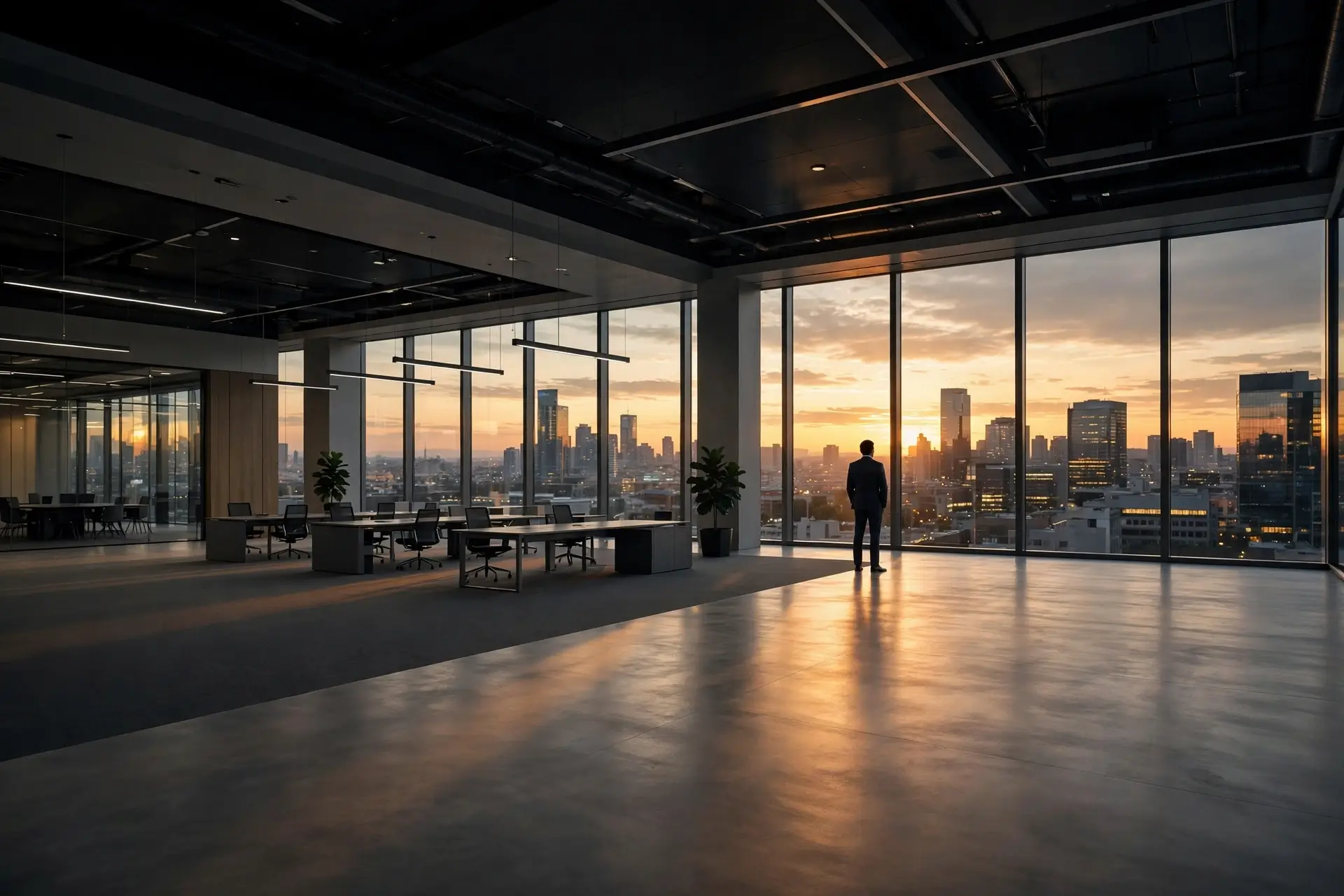 An executive alone in a quiet office at dusk, looking out at the city
